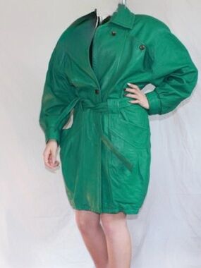 Green Genuine Leather Belted Coat